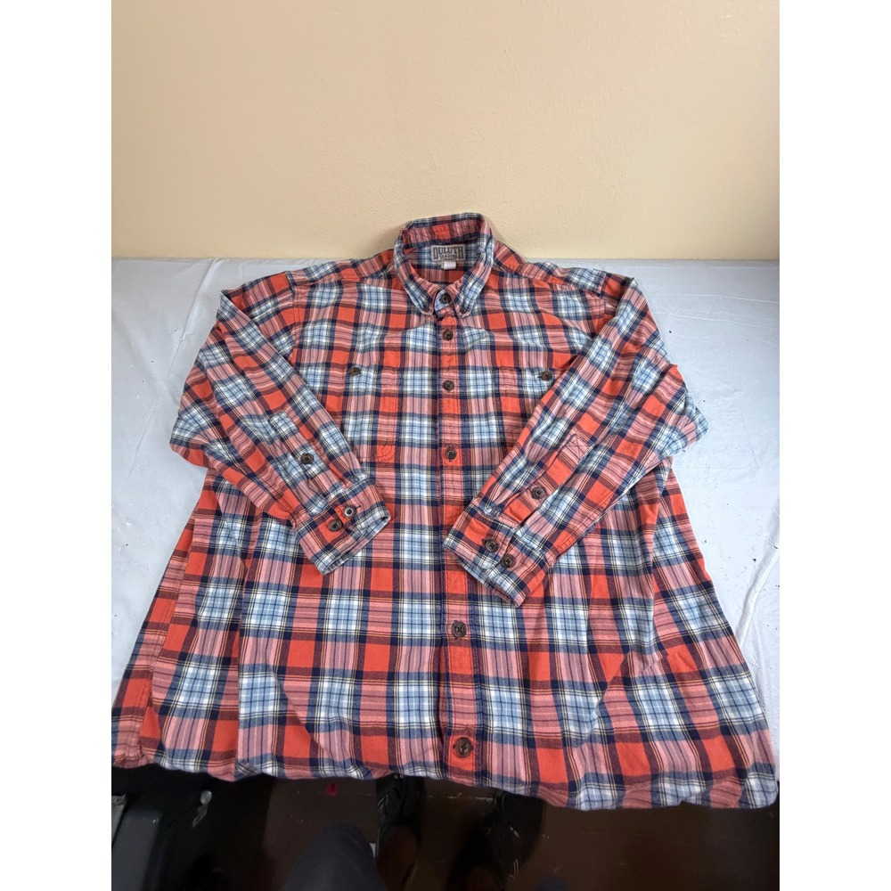 Duluth Trading Co Mens XL Orange Blue Plaid Flannel Button Down Shirt Cotton